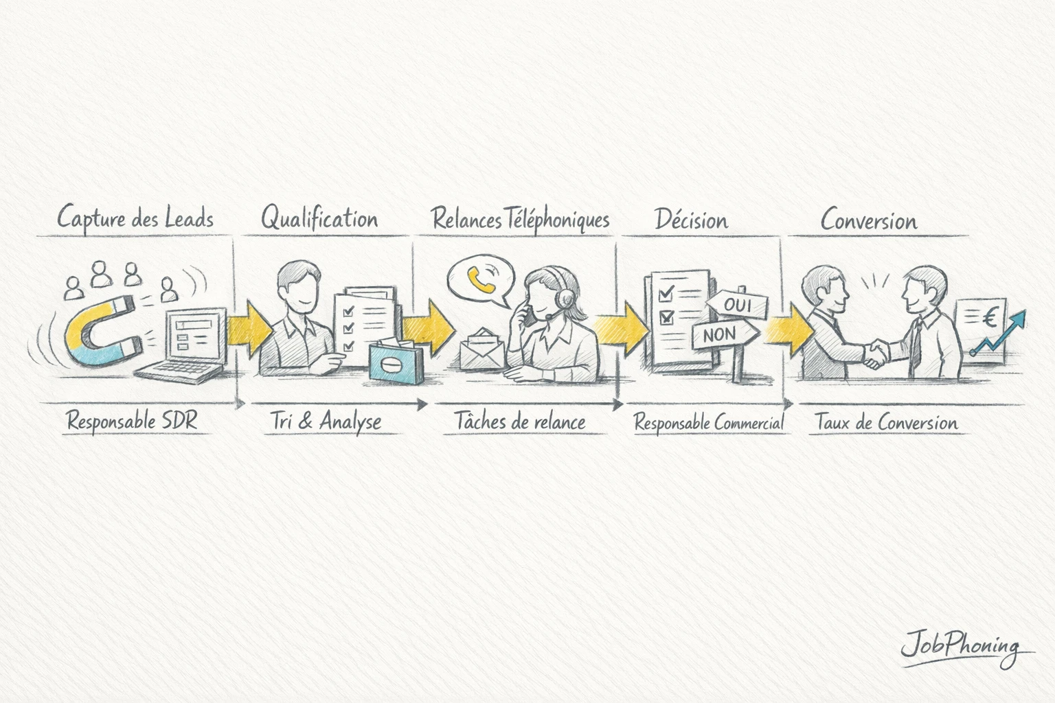 Infographie représentant la gestion des leads via un pipeline segmenté et des icônes de tâches
