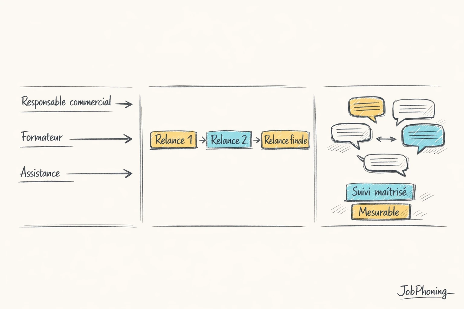 Schéma représentant l’organisation des relances commerciales via un pipeline central et plusieurs nœuds reliés