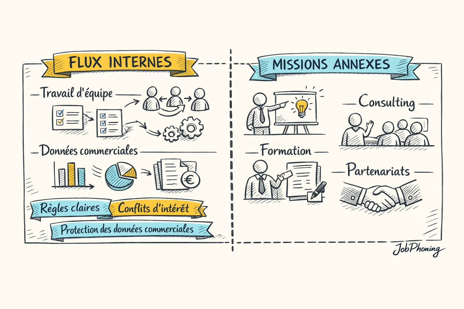 Infographie représentant la séparation activité principale et annexe via deux réseaux géométriques distincts reliés par