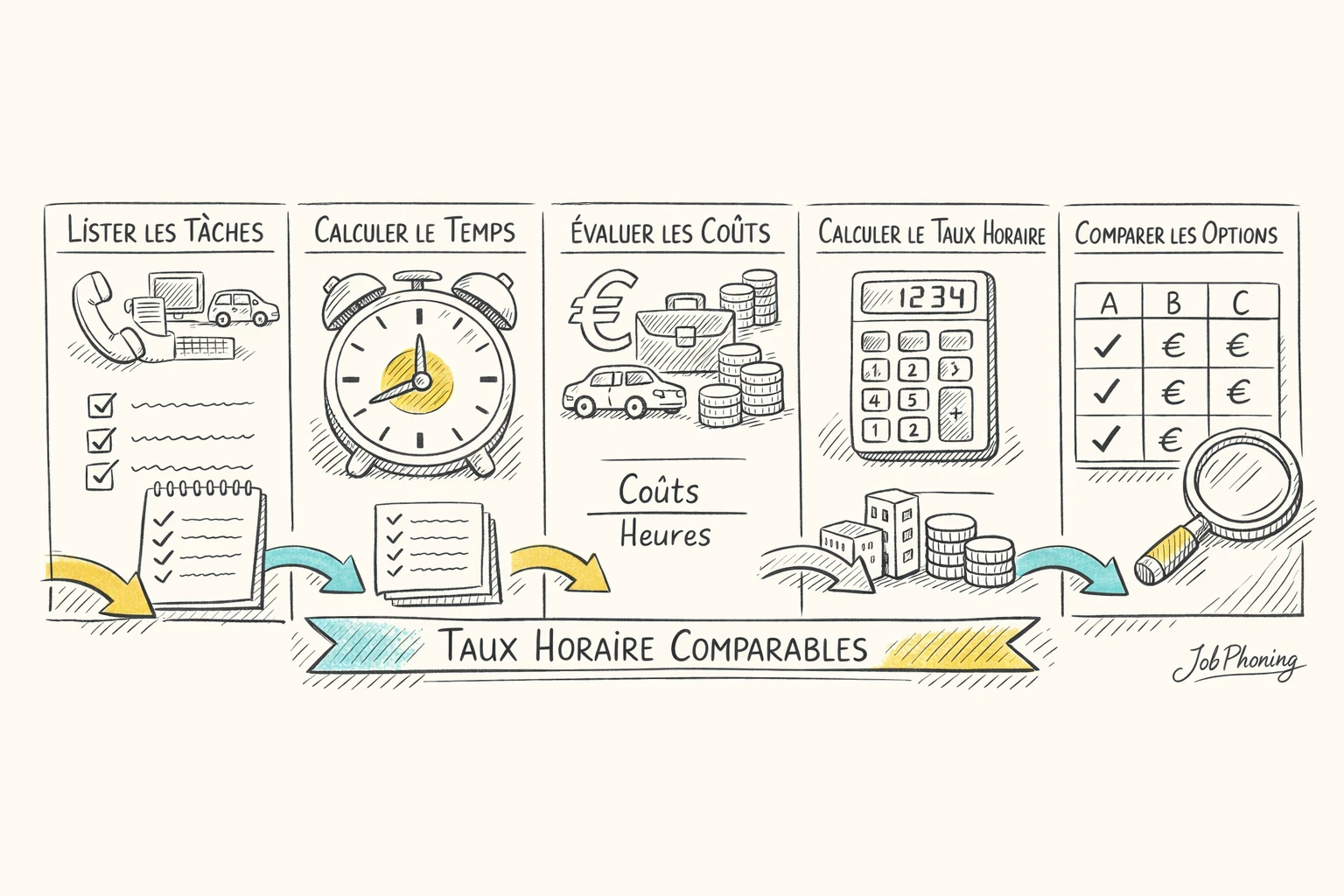 Schéma représentant le calcul du coût horaire complet via blocs reliés et flèches.