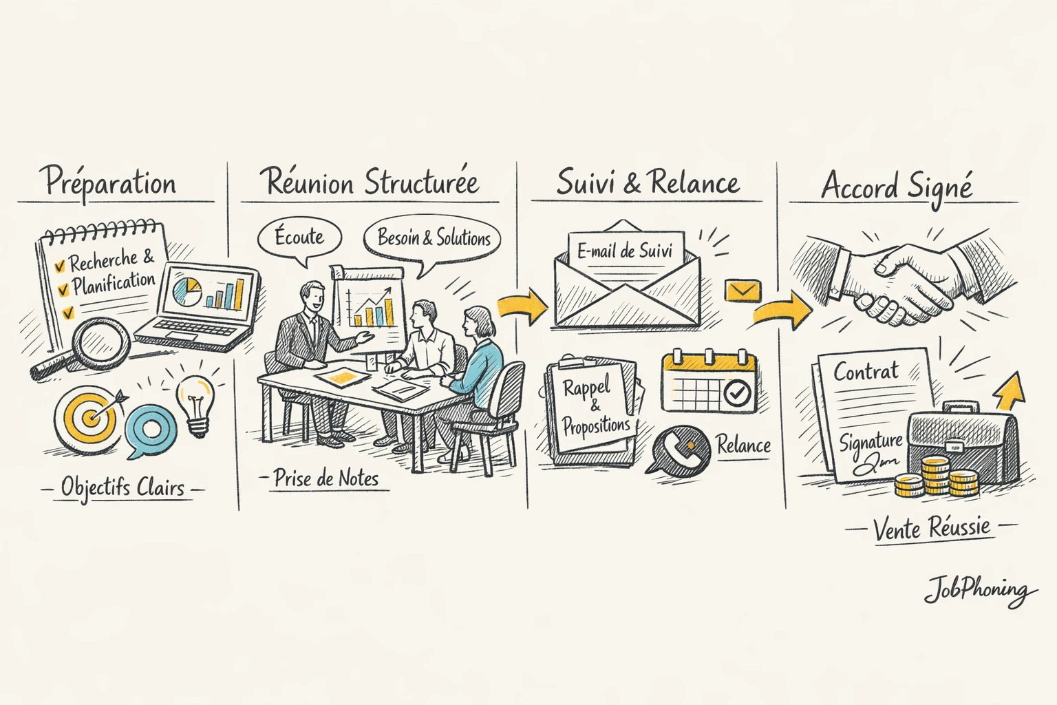 Schéma représentant la qualification des rendez-vous via enchaînement de blocs reliés par des flèches minimalistes.