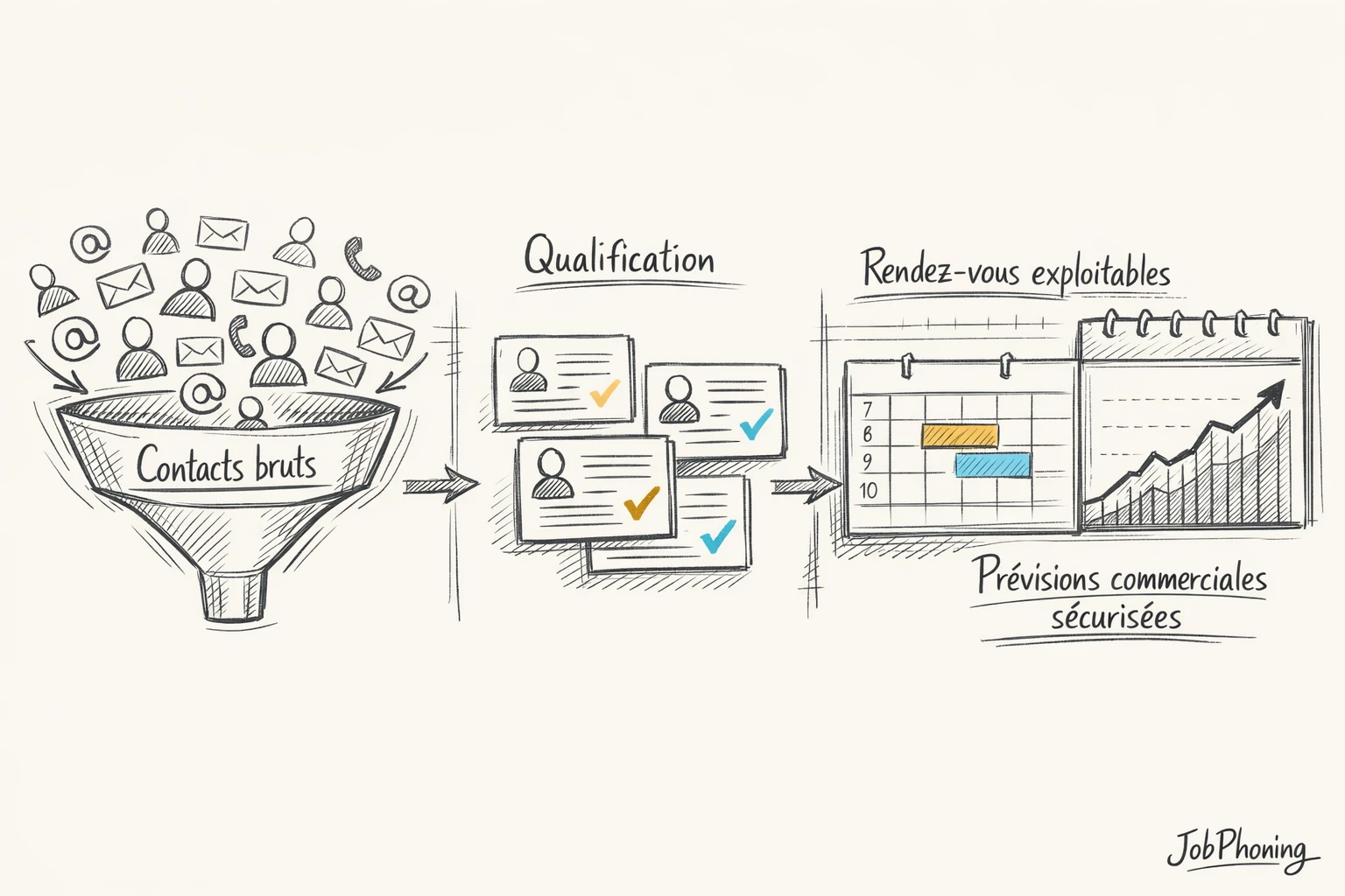 Schéma représentant la qualification commerciale via entonnoir, pipeline structuré et créneaux de rendez-vous alignés.