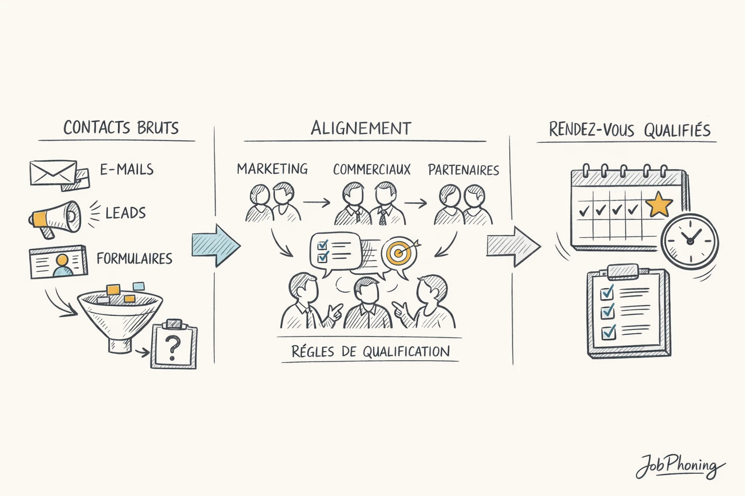 Schéma représentant la qualification des leads via enchaînement de blocs reliés et flèches directionnelles