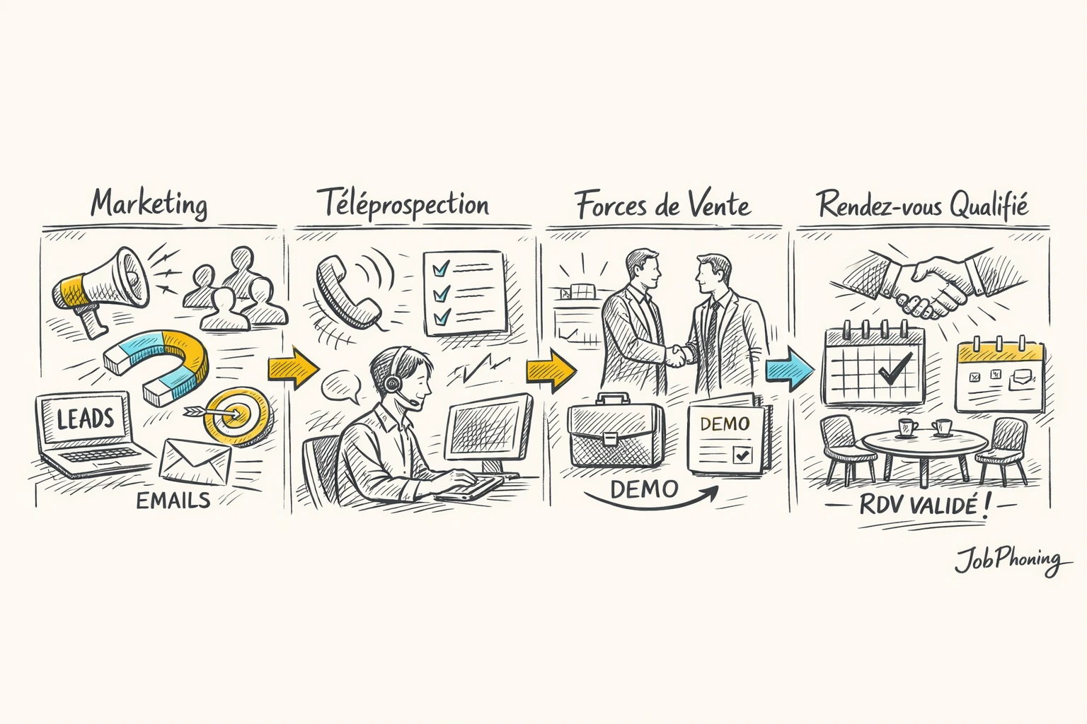 Schéma représentant le parcours d’un lead B2B via un pipeline de blocs connectés.