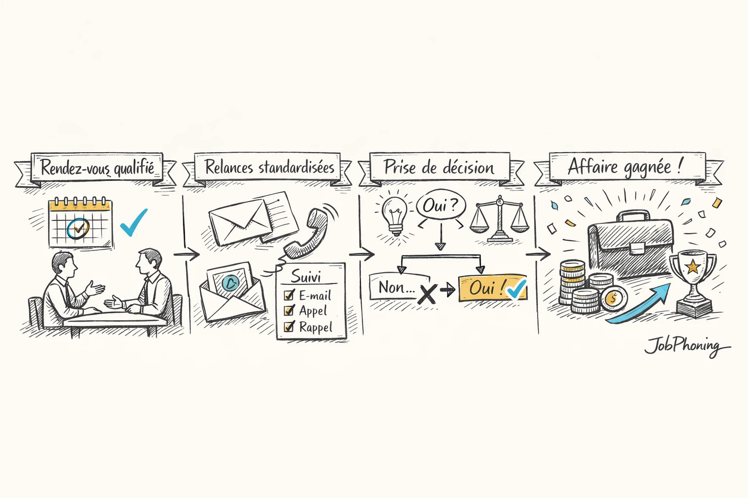 Schéma représentant le parcours d’un rendez-vous qualifié via enchaînement de blocs reliés et flèches minimalistes.