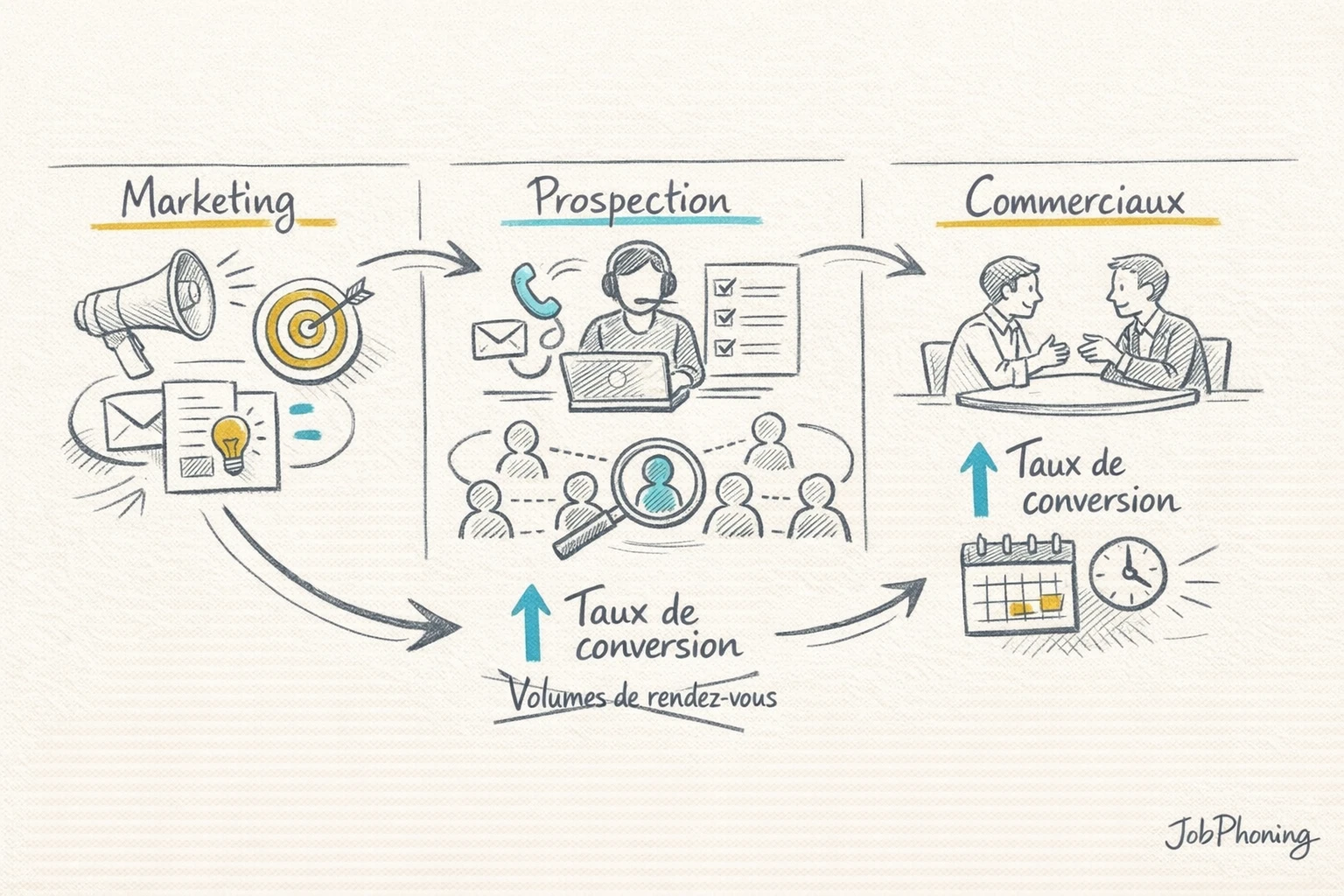Schéma représentant la coordination marketing, prospection et vente via un cercle segmenté et flèches directionnelles.