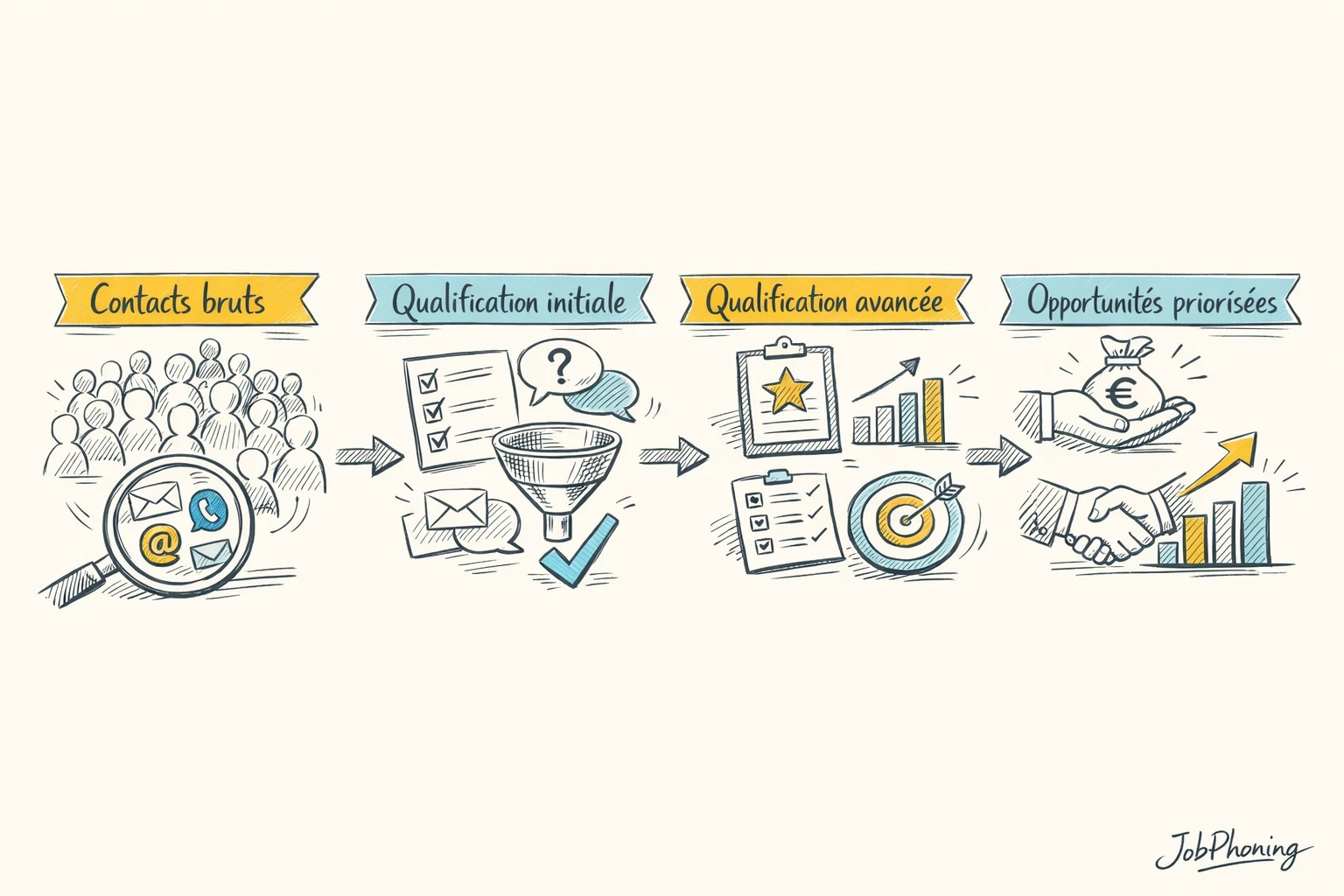 Schéma représentant la construction d’une grille de qualification via boîtes alignées et flèches séquentielles.