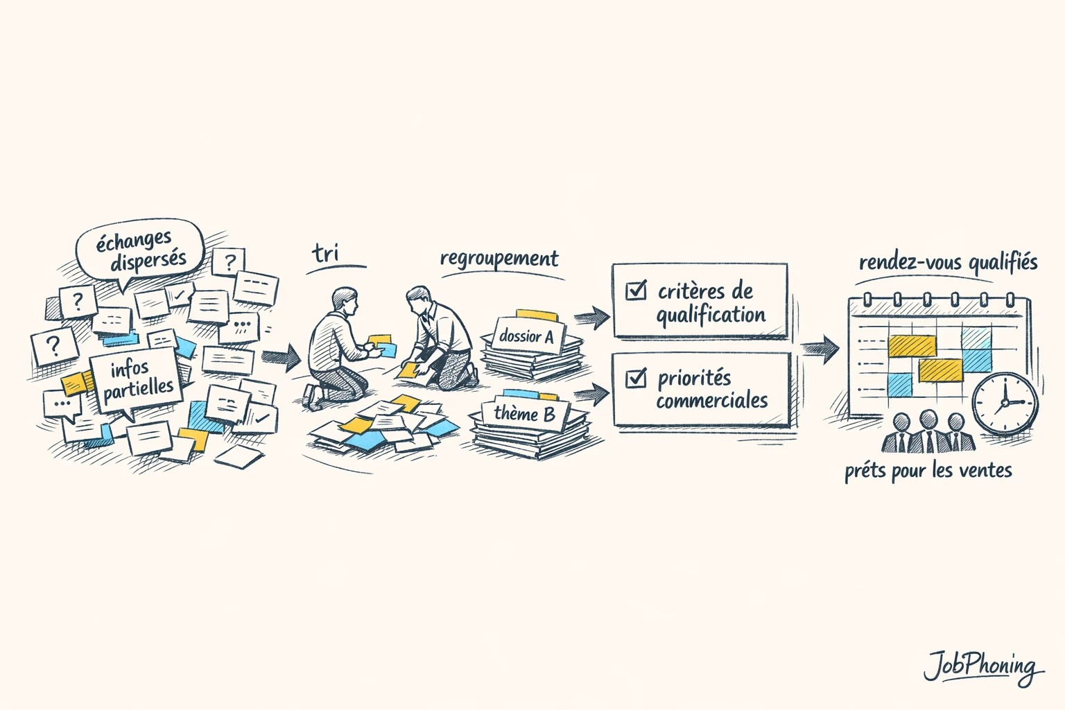 Schéma représentant la qualification des rendez-vous via enchaînement de blocs et flèches bleu ciel et