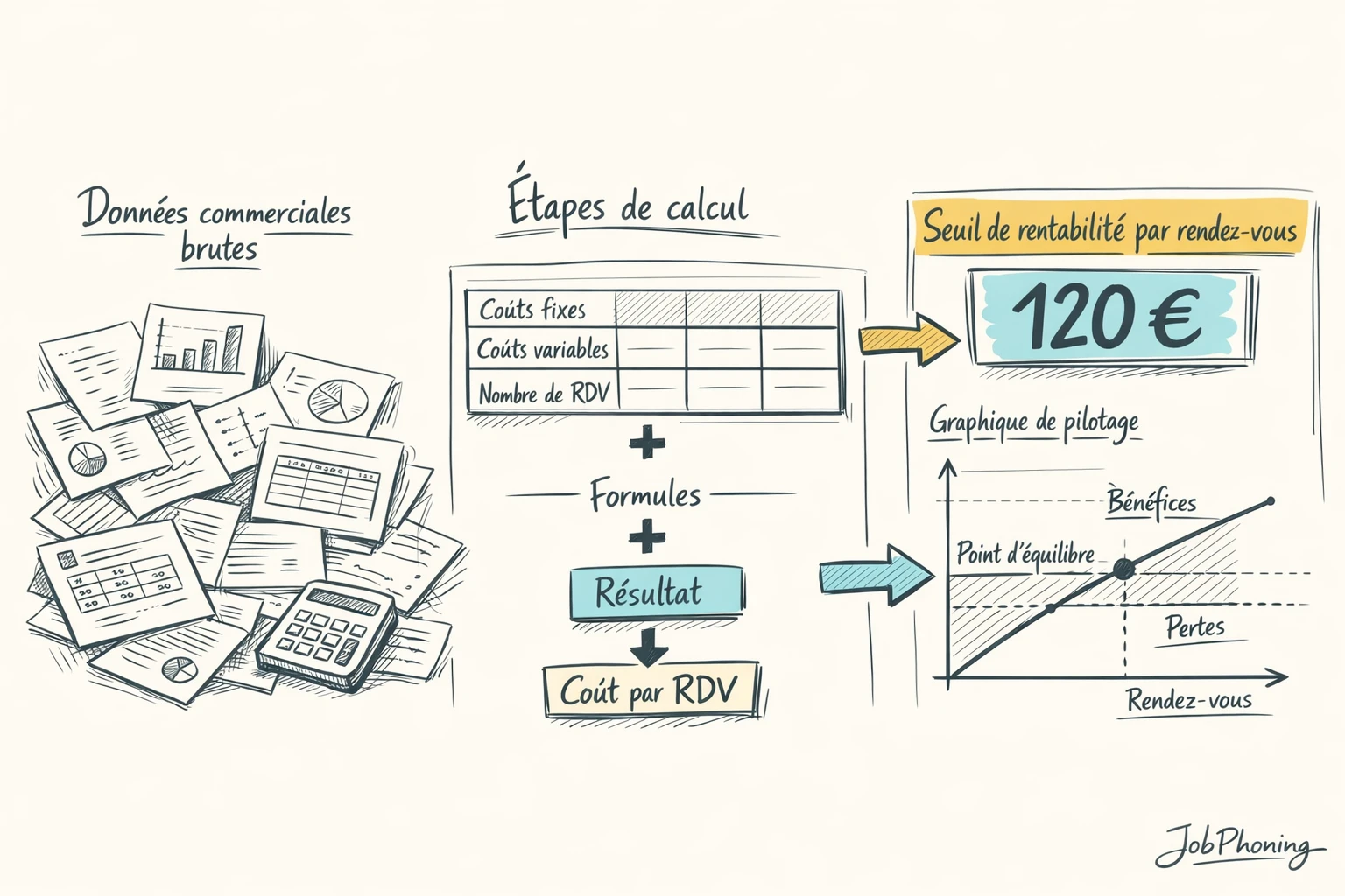 Schéma représentant le calcul d’un coût cible par rendez-vous via blocs reliés et flèches séquentielles.