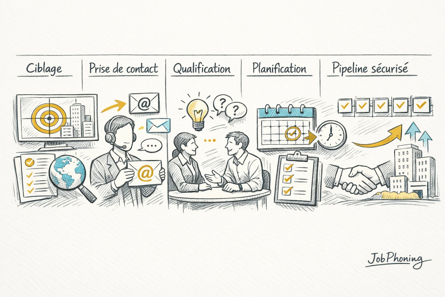 Schéma représentant la sécurisation de rendez-vous grands comptes via enchaînement de blocs reliés et flèches