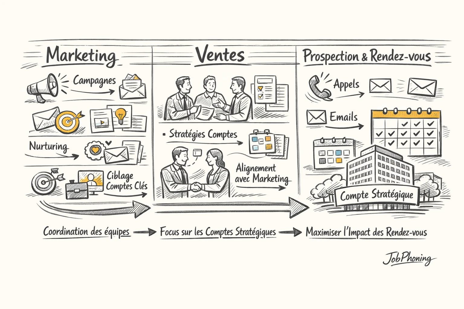 Schéma représentant l’alignement marketing-ventes-prospection via trois blocs reliés à une cible centrale