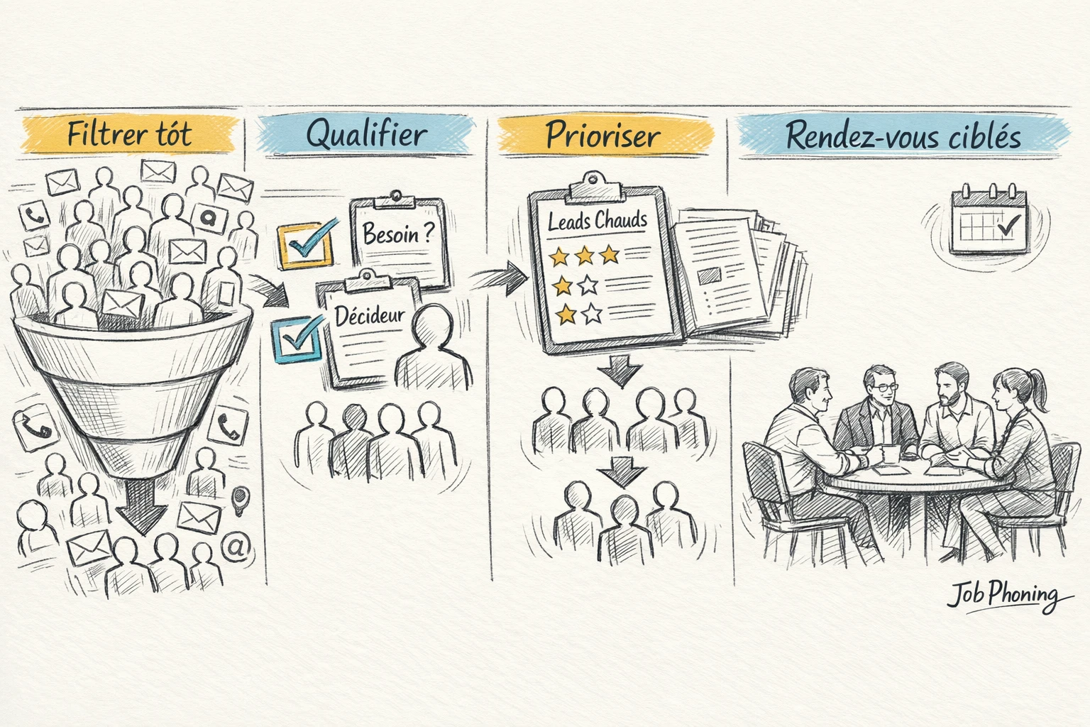 Schéma représentant la qualification des prospects via flux de blocs colorés et flèches alignées.