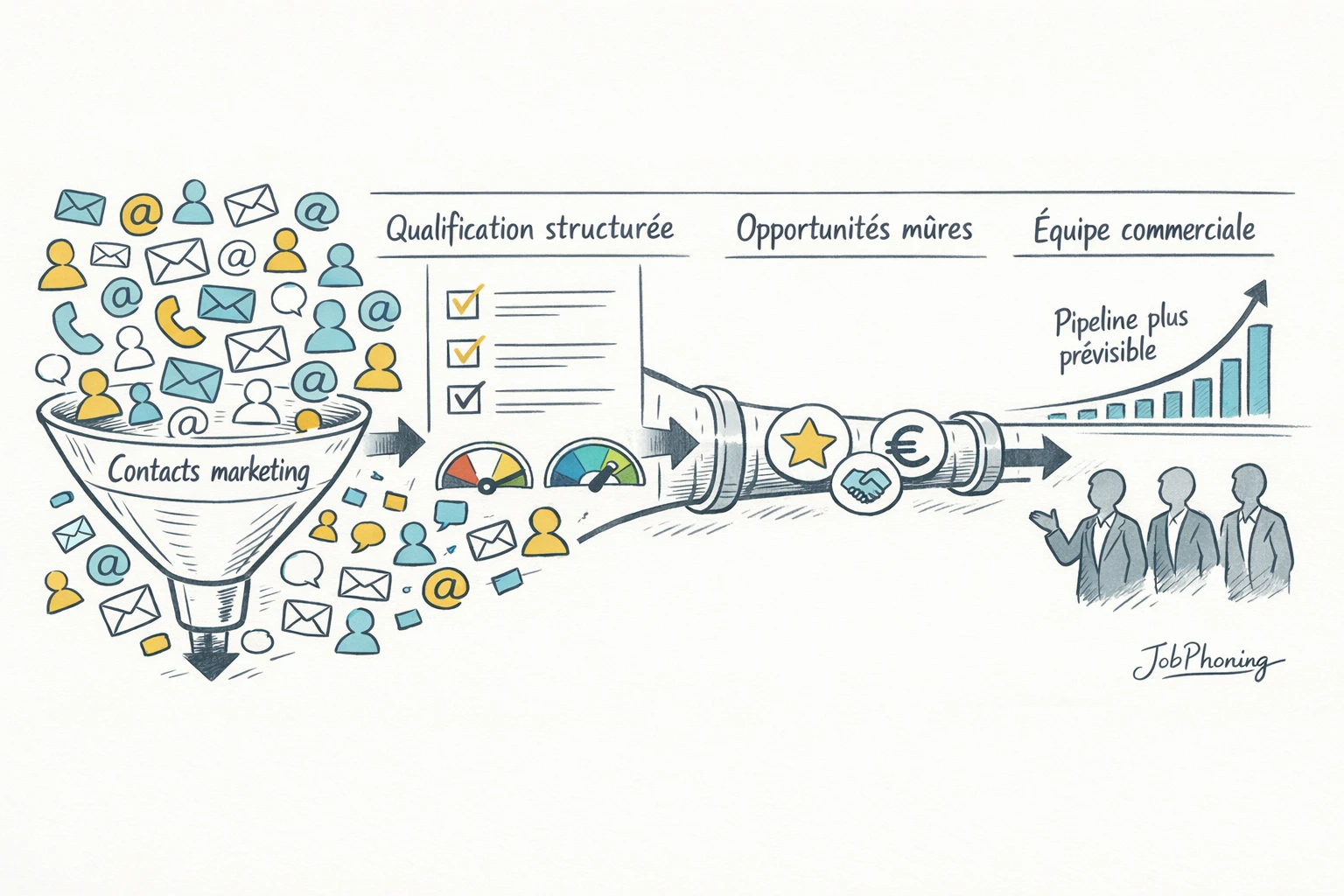 Schéma représentant l’interface marketing-ventes via deux colonnes reliées par un entonnoir central segmenté