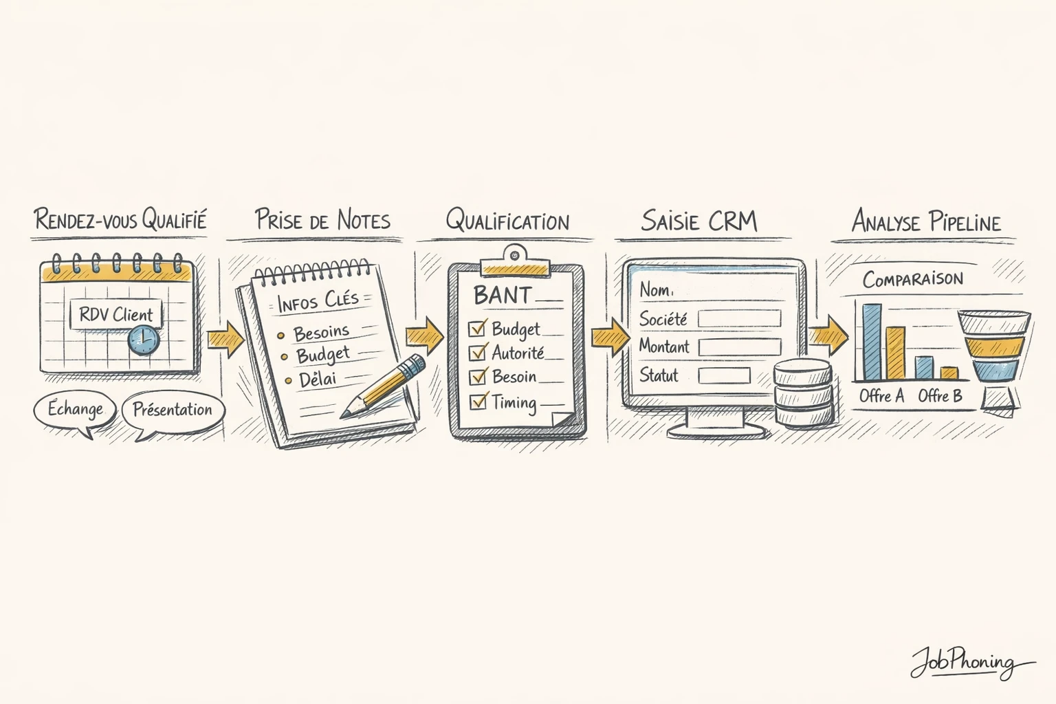 Schéma représentant la structuration d’un compte rendu de rendez-vous via blocs alignés et flèches successives