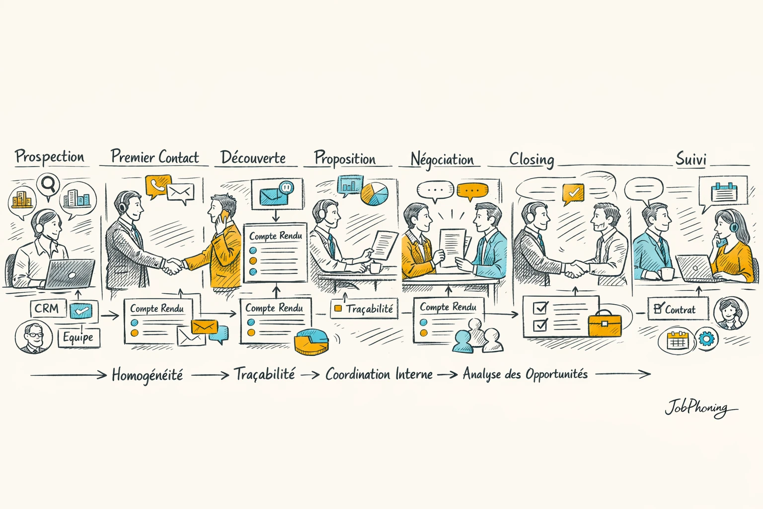 Schéma représentant la continuité des comptes rendus commerciaux via pipeline horizontal et blocs reliés