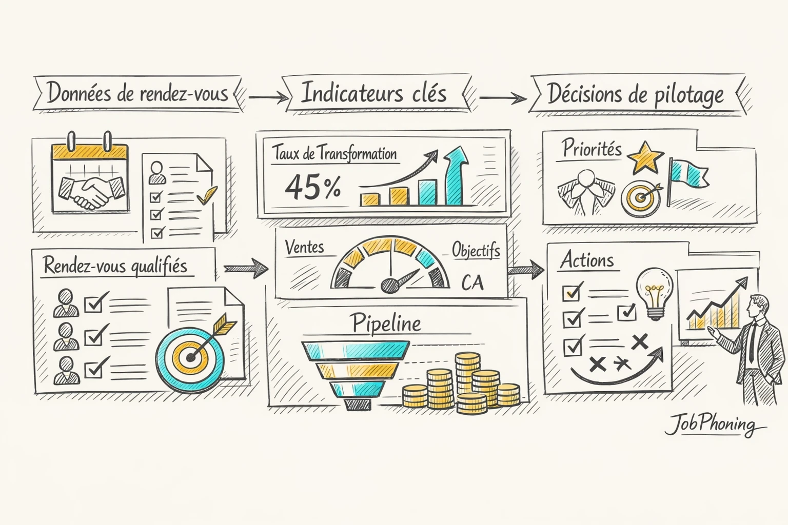 Schéma représentant la construction d’un tableau de bord commercial via blocs et flèches reliés