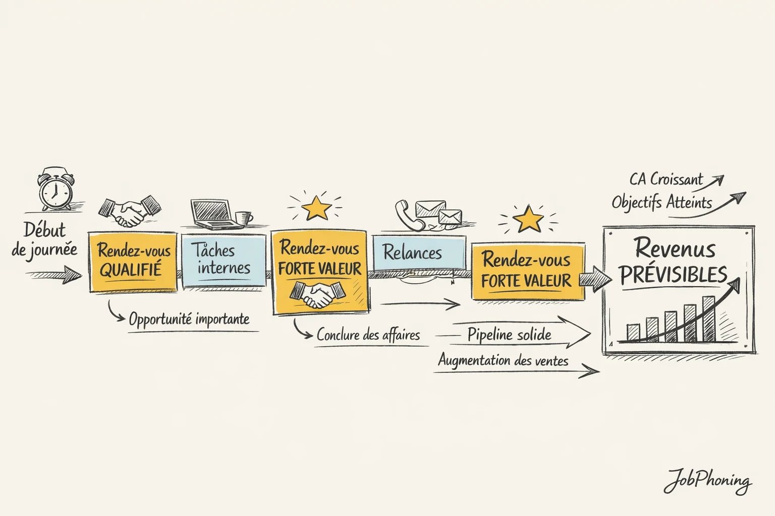 Infographie représentant l’organisation d’une journée commerciale via un calendrier abstrait et blocs colorés hiérarchisés.