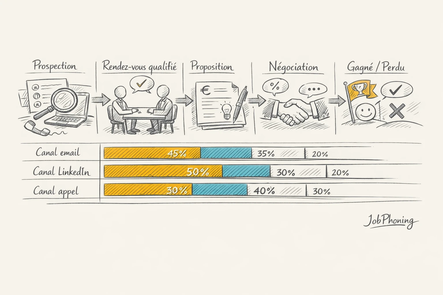 Schéma représentant un pipeline de rendez-vous B2B qualifiés via blocs alignés et flèches séquentielles colorées.