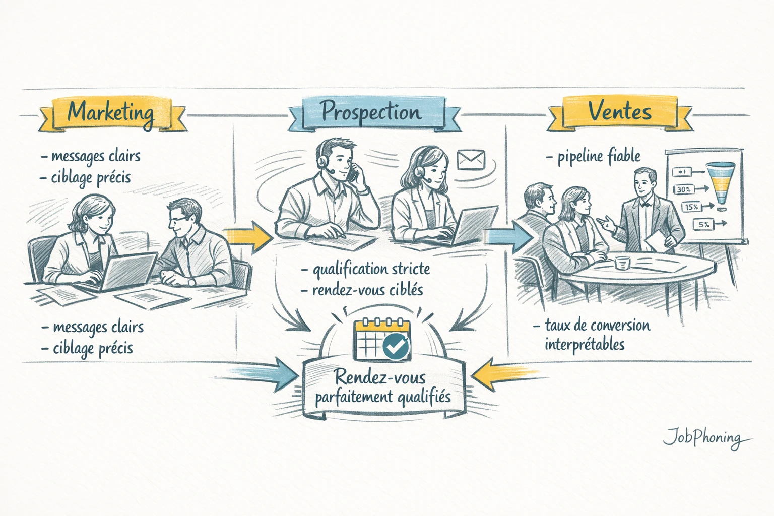 Schéma représentant la centralité des rendez-vous qualifiés via un noyau connecté à trois pôles marketing,