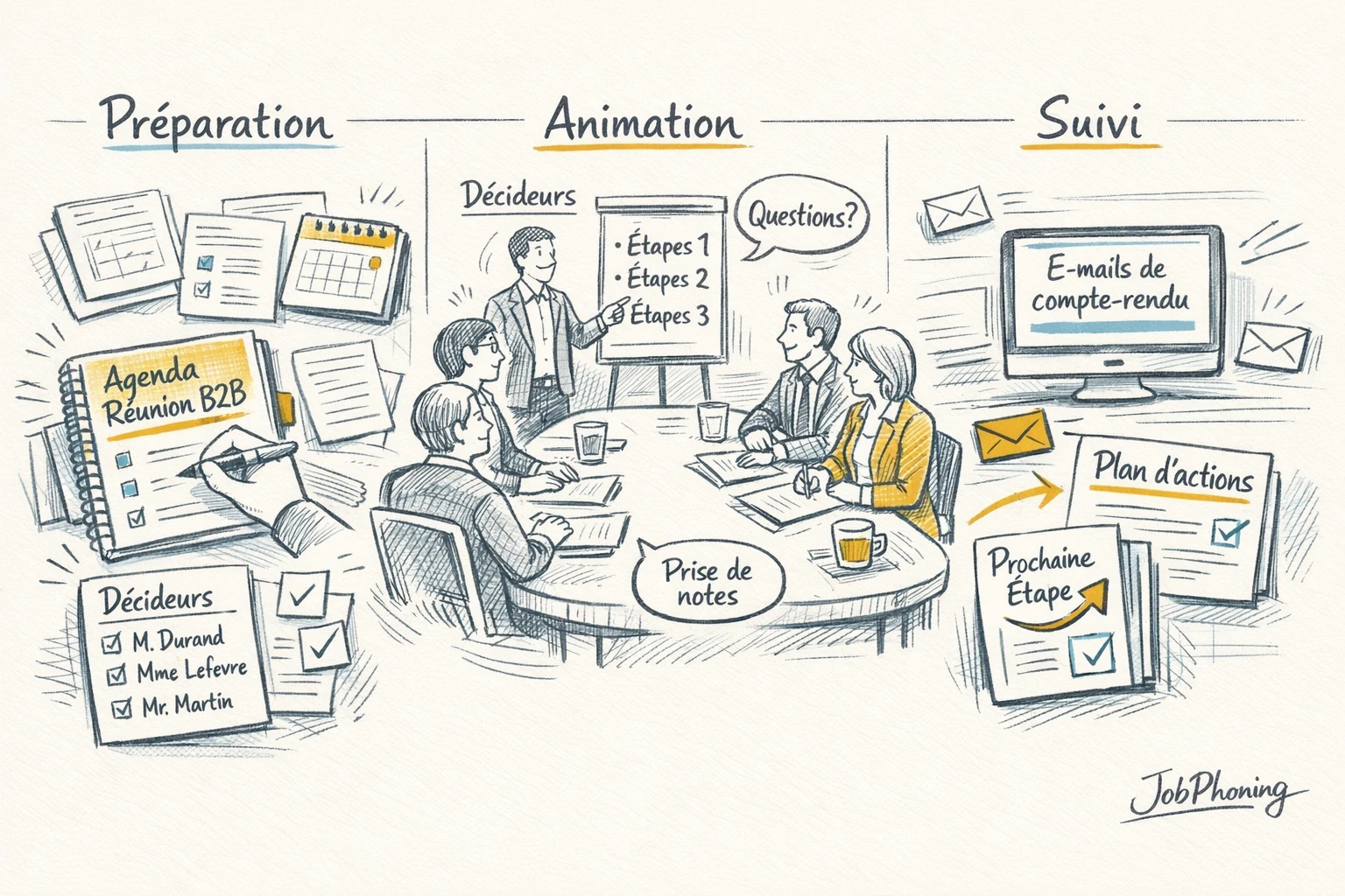 Schéma représentant la préparation d’une réunion B2B complexe via blocs reliés et flèches successives