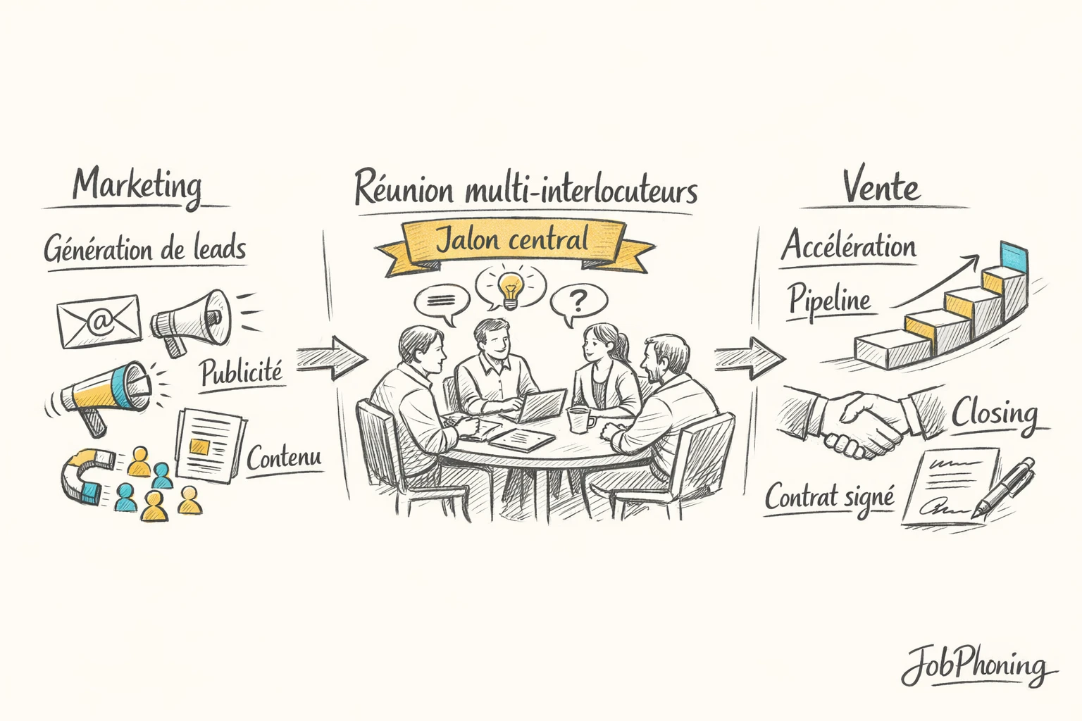 Schéma représentant un cycle de vente B2B via pipeline horizontal et nœud central connecté aux