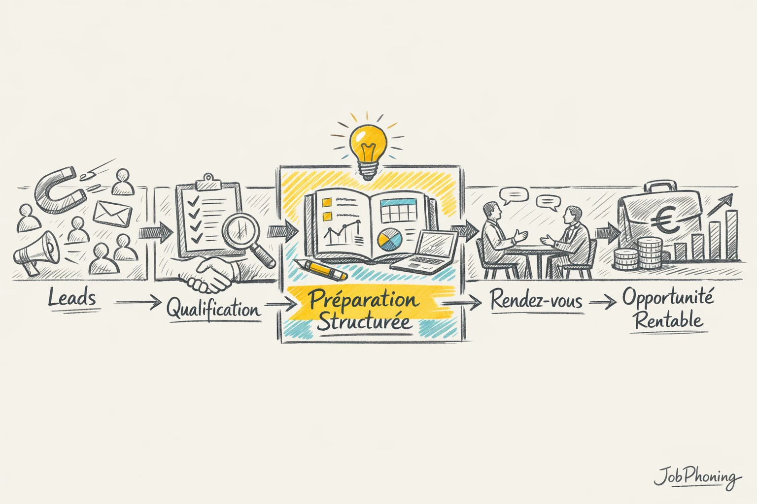 Schéma représentant la préparation des rendez-vous dans un pipeline de vente via tuyaux, pont central