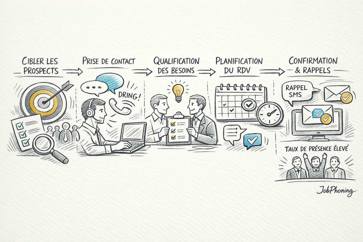 Schéma représentant le parcours de qualification de rendez-vous B2B via plusieurs blocs et flèches reliés.