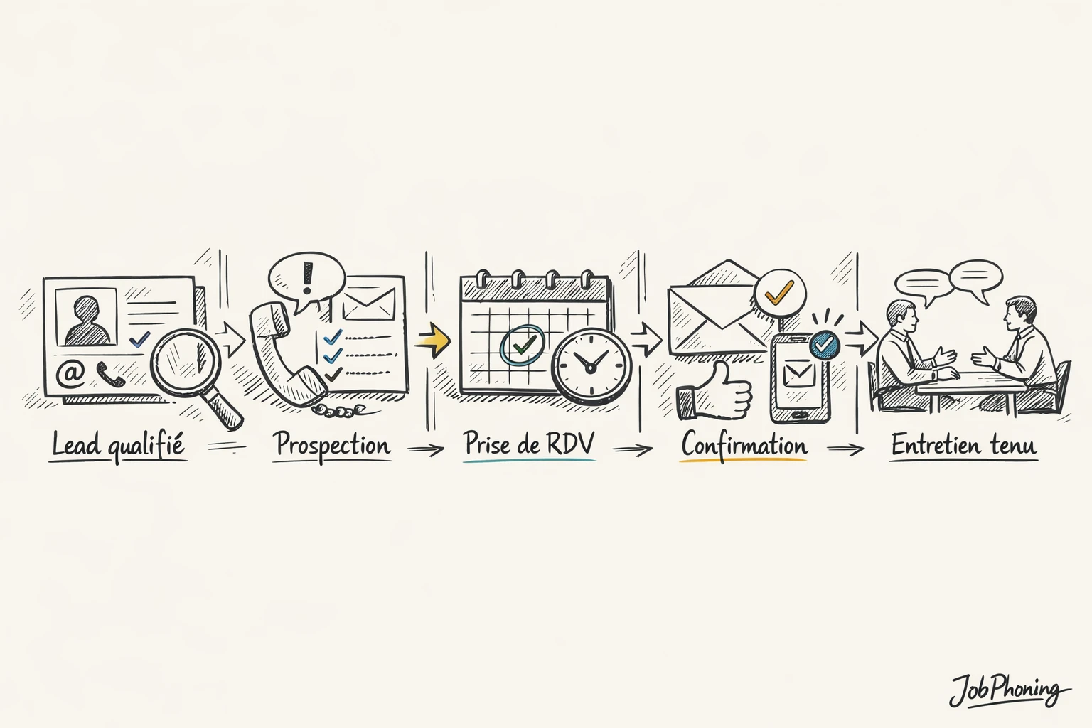 Schéma représentant la structuration d’un processus de confirmation de rendez-vous via blocs reliés et flèches