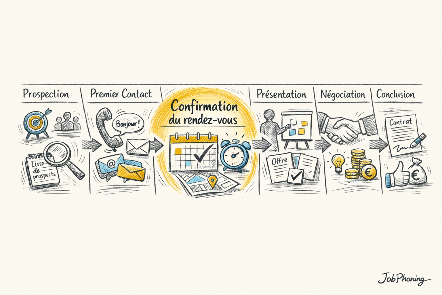 Schéma représentant la confirmation de rendez-vous via un pipeline commercial segmenté et des blocs reliés.