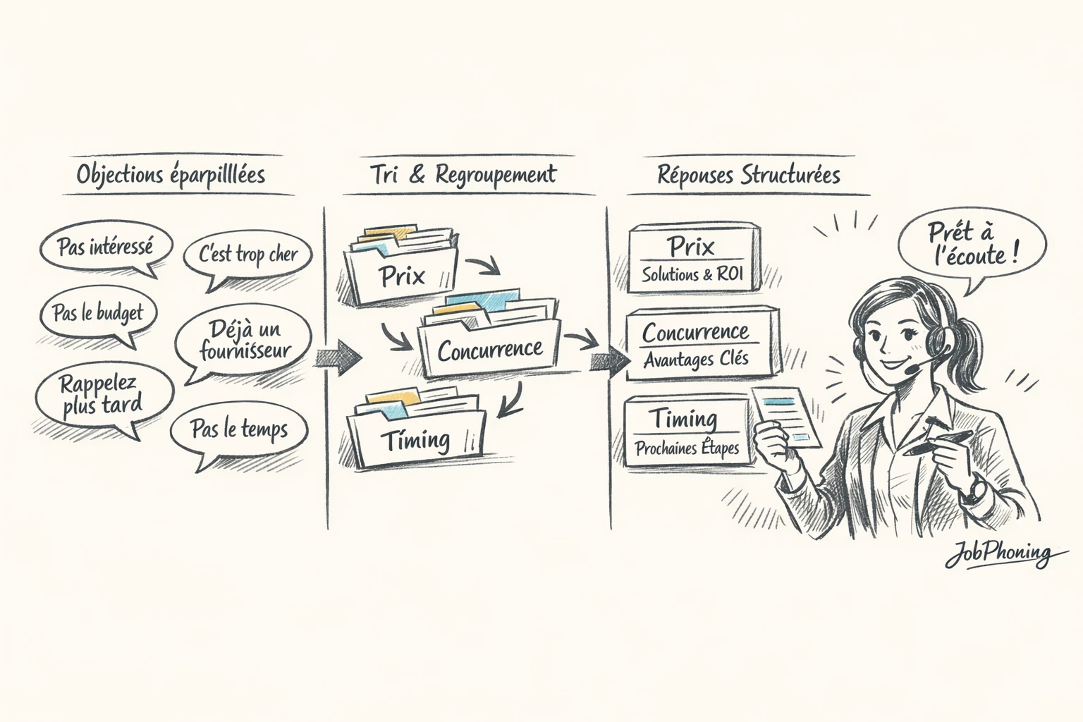 Schéma représentant la gestion structurée des objections via blocs reliés illustrant collecte, analyse, test et