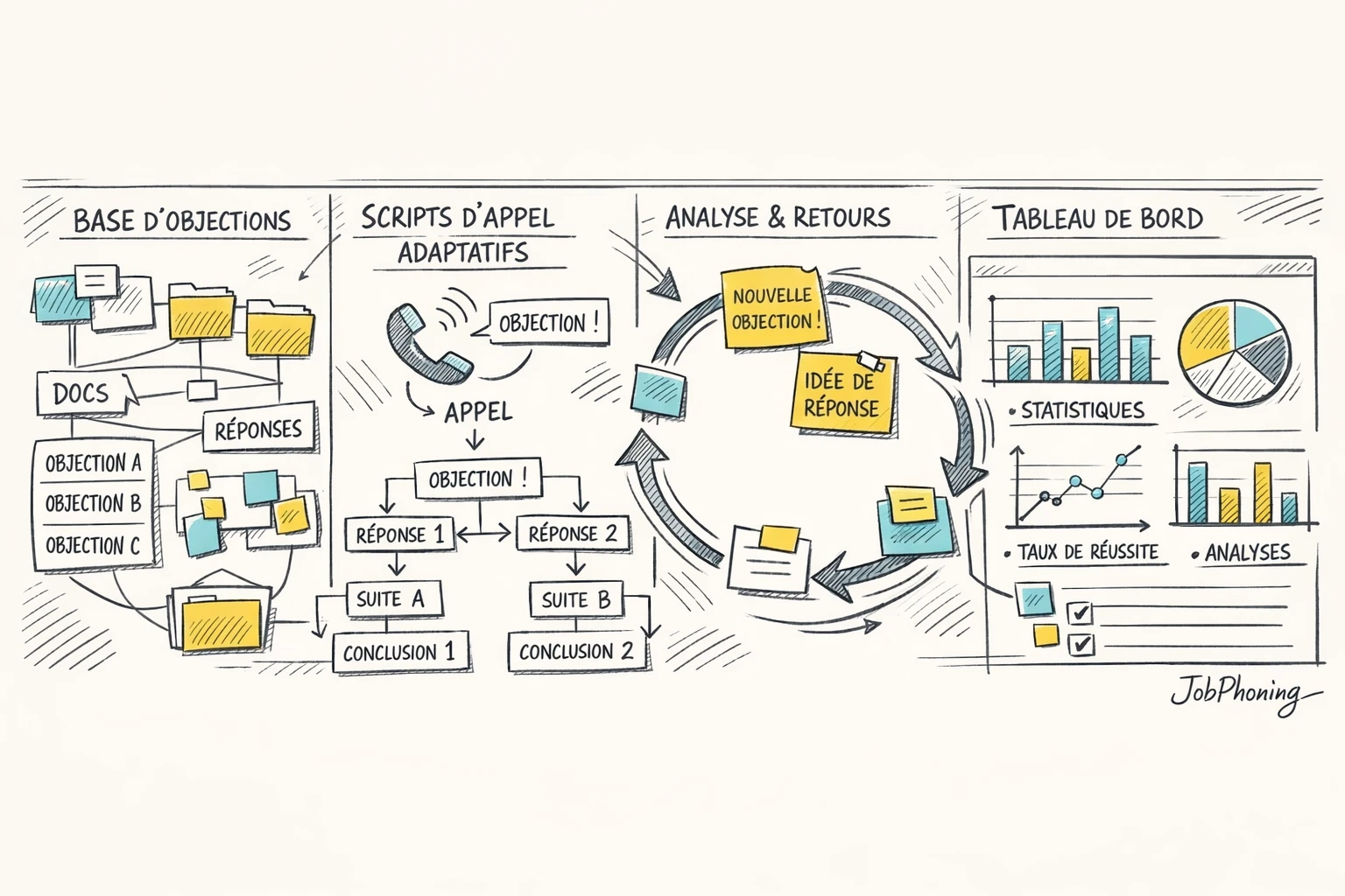 Infographie représentant la gestion des objections via bibliothèque centrale, flux d’appels et blocs de scripts