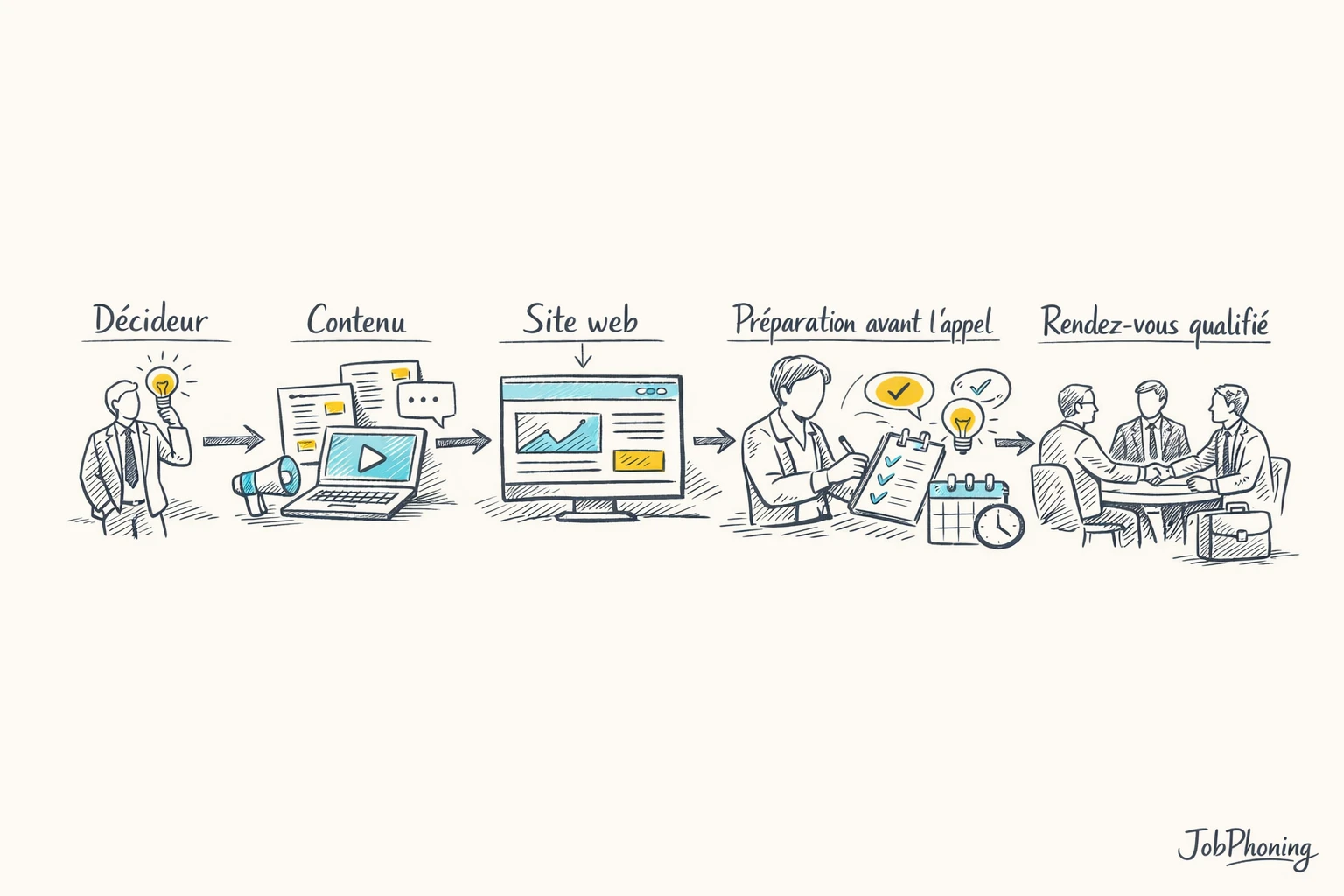 Schéma représentant la qualification digitale de prospects via flèches reliant site web, formulaires, contenus et