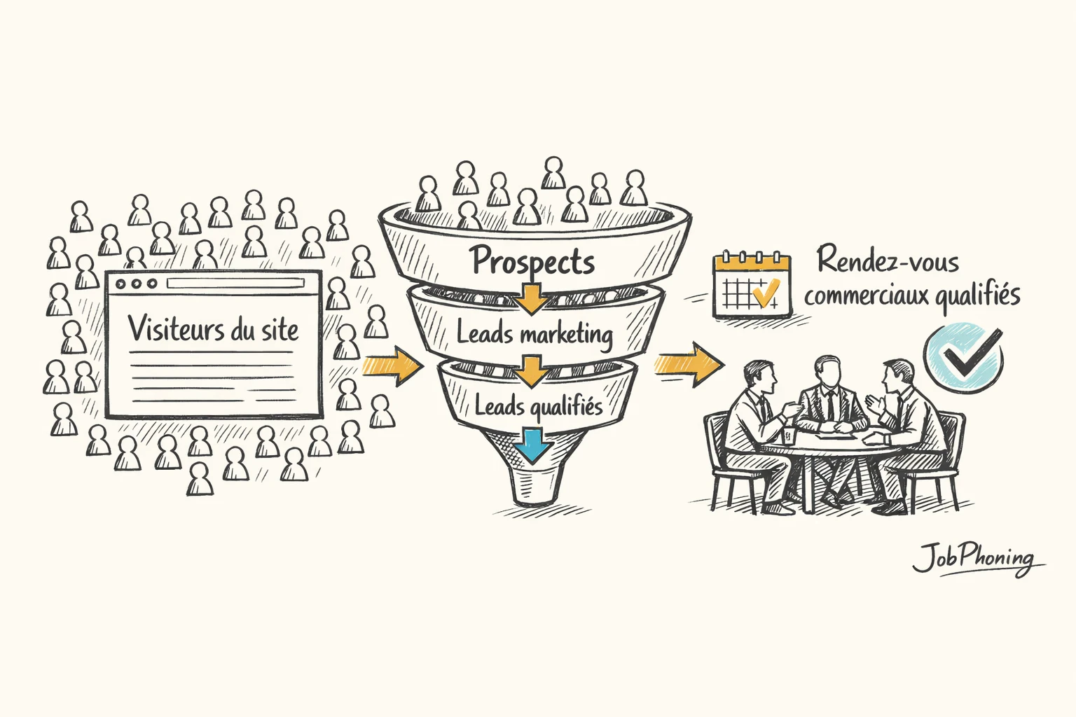 Infographie représentant un parcours prospect B2B via pipeline, écran, filtres et calendrier.