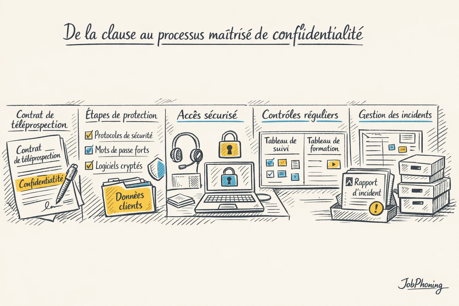 Schéma représentant la gestion de confidentialité via enchaînement de blocs reliés et flèches minimalistes