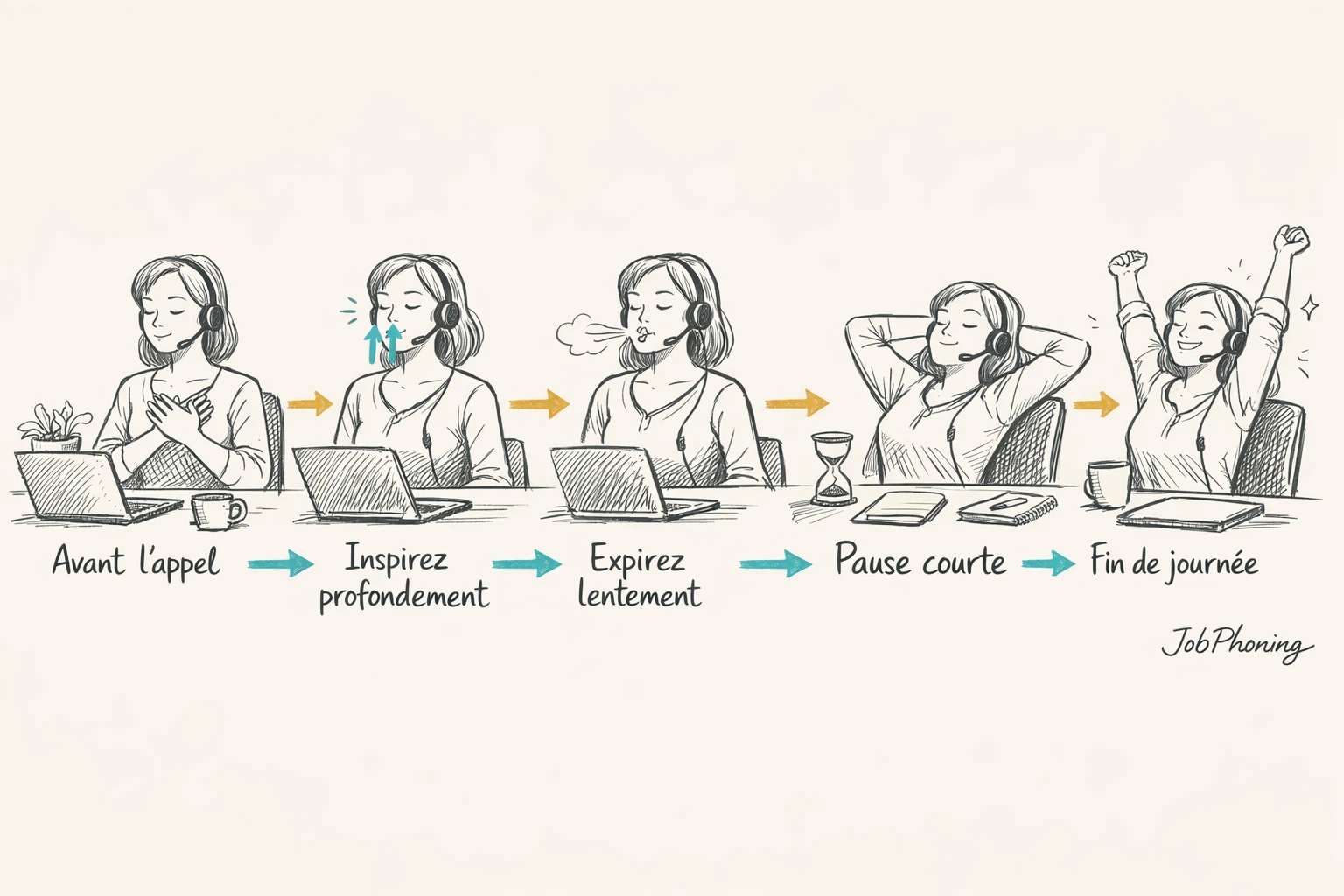 Schéma représentant une routine respiratoire télétravail via étapes successives et flèches minimalistes.