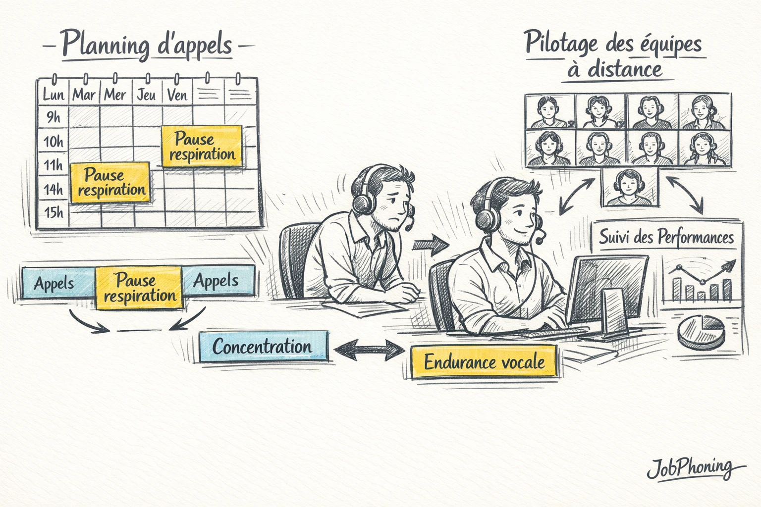 Infographie représentant l’intégration de pauses respiratoires via calendrier structuré, poste de travail et blocs colorés.