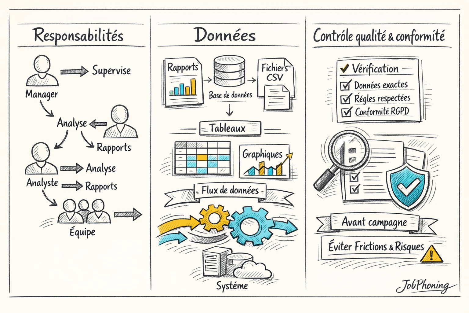 Schéma représentant le cadrage des responsabilités via un flux de blocs reliés symbolisant objectifs, données,