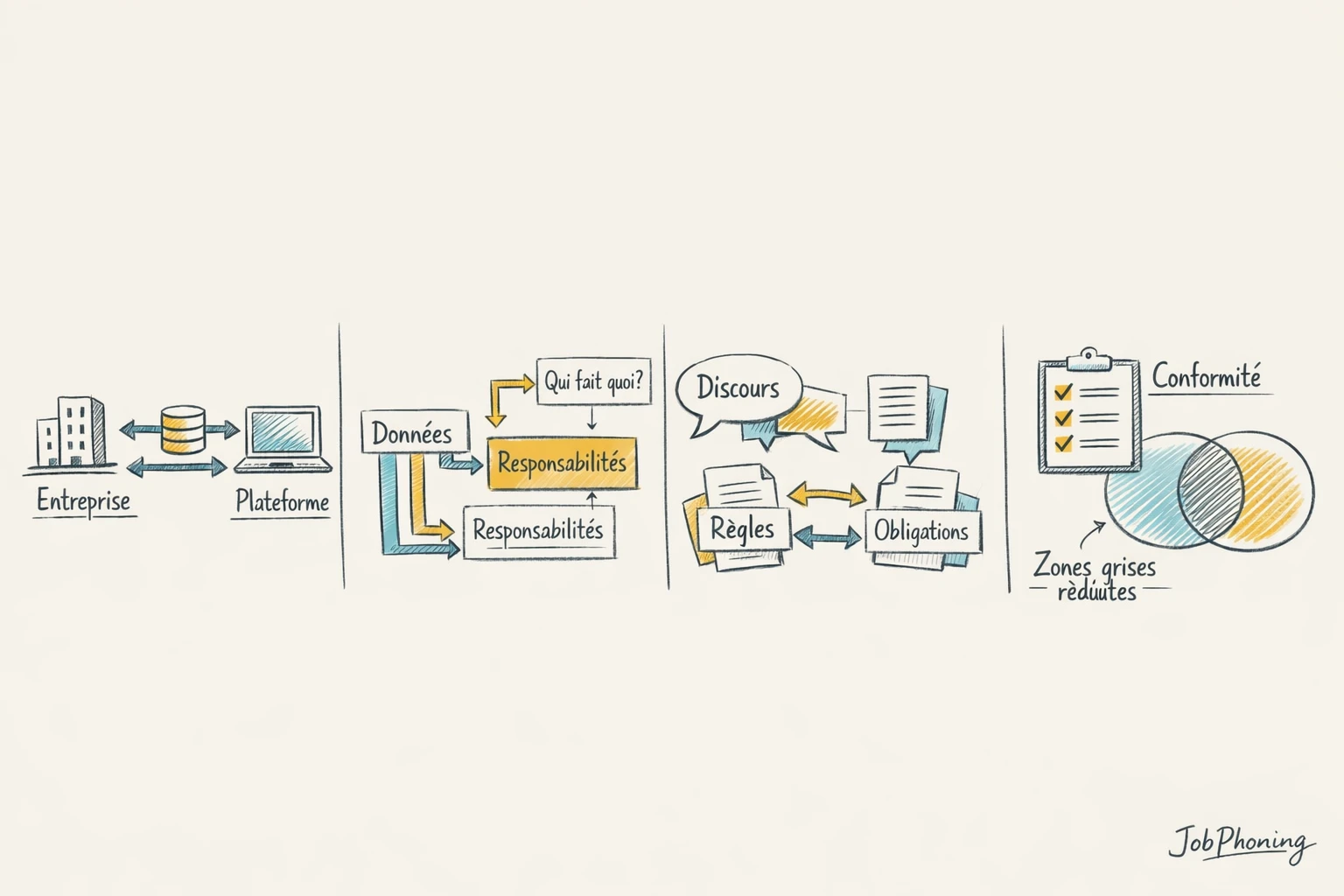 Schéma représentant le partage des responsabilités via deux blocs reliés par trois canaux.