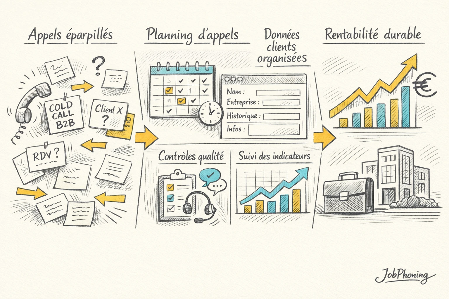 Schéma représentant la structuration des appels B2B via étapes alignées et flèches successives