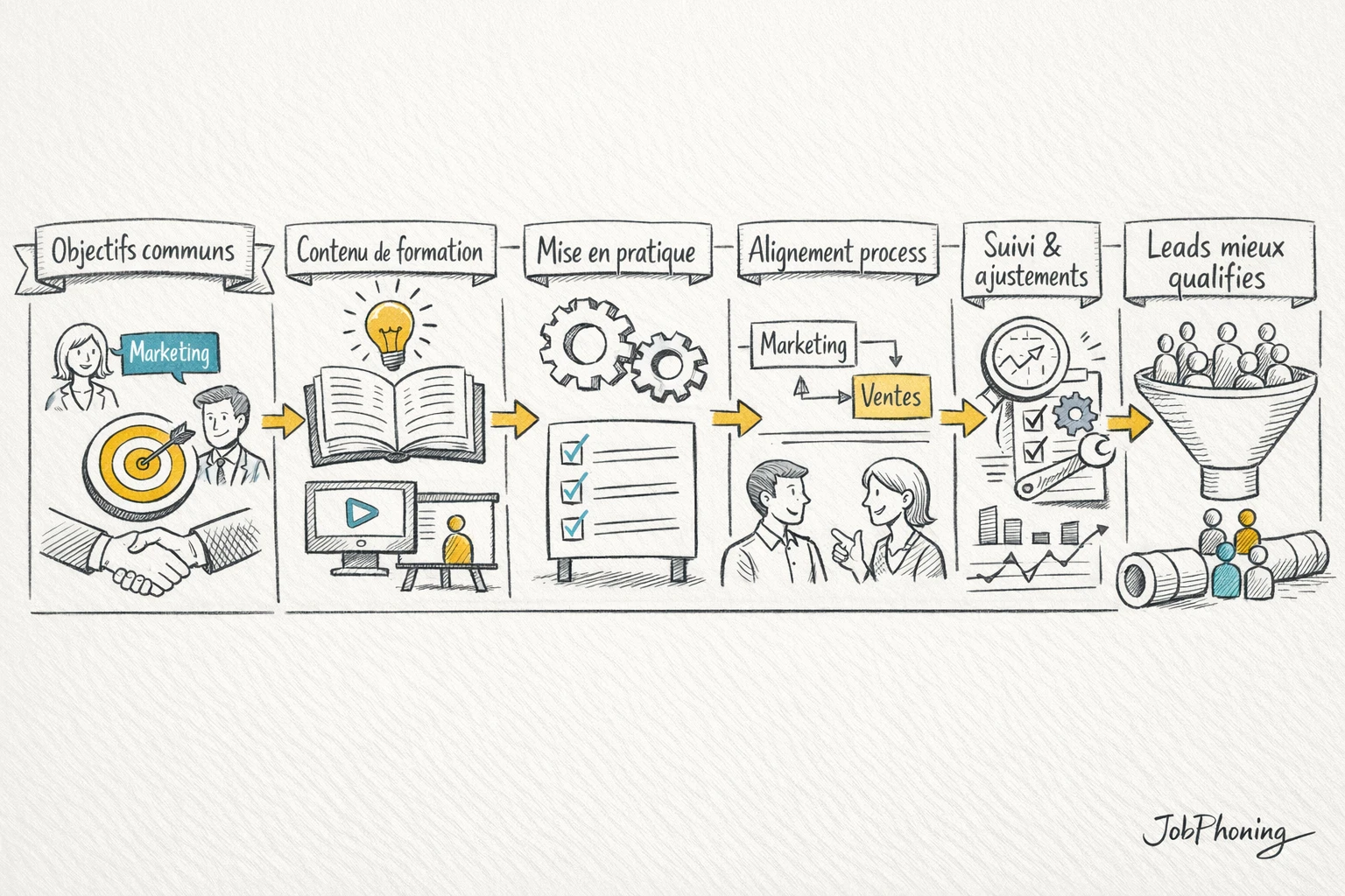 Schéma représentant la formation à la qualification des prospects via un flux d’étapes connectées et