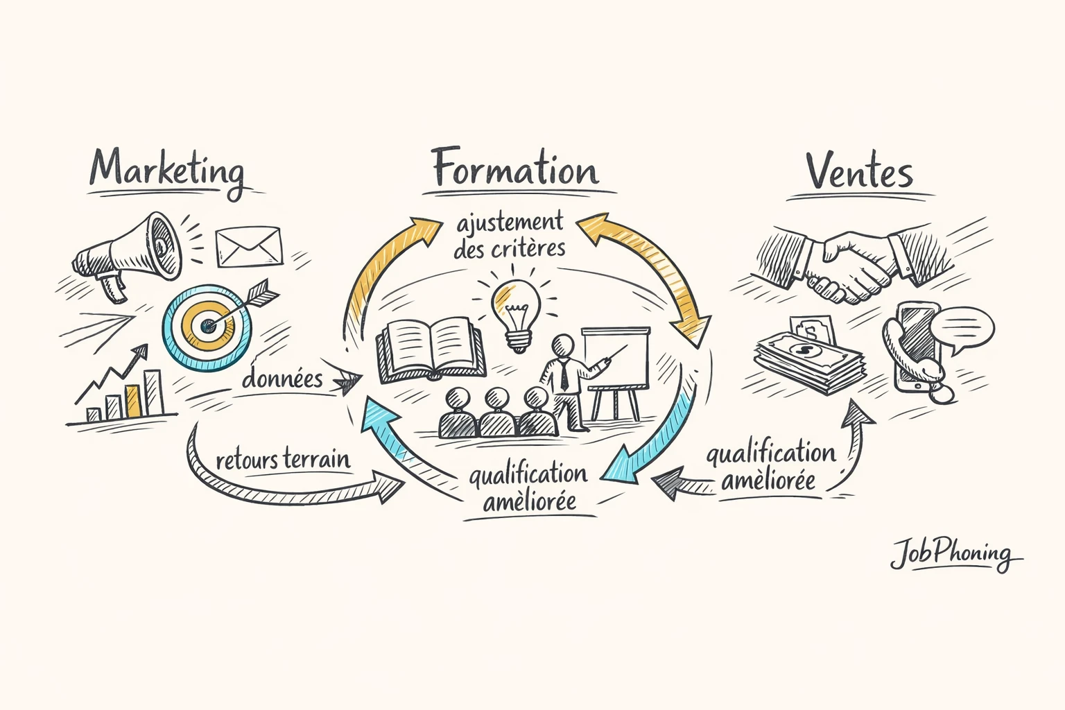 Schéma représentant l’intégration de la formation à la qualification via pipeline, branches, cercles indicateurs et