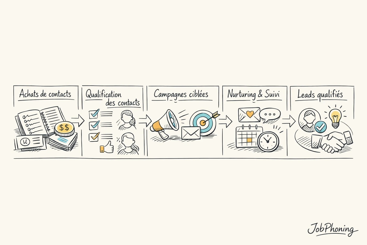 Schéma représentant le choix d’un fournisseur de leads via étapes reliées et blocs géométriques.
