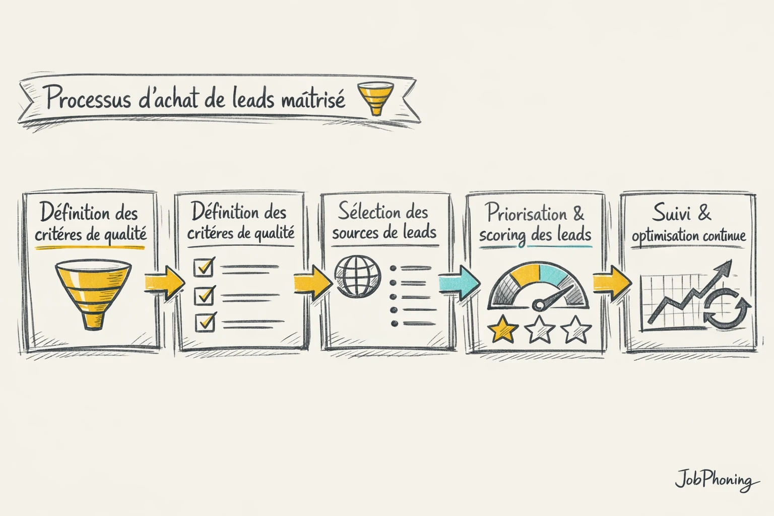 Schéma représentant un processus d’achat de leads structuré via blocs reliés et flèches successives