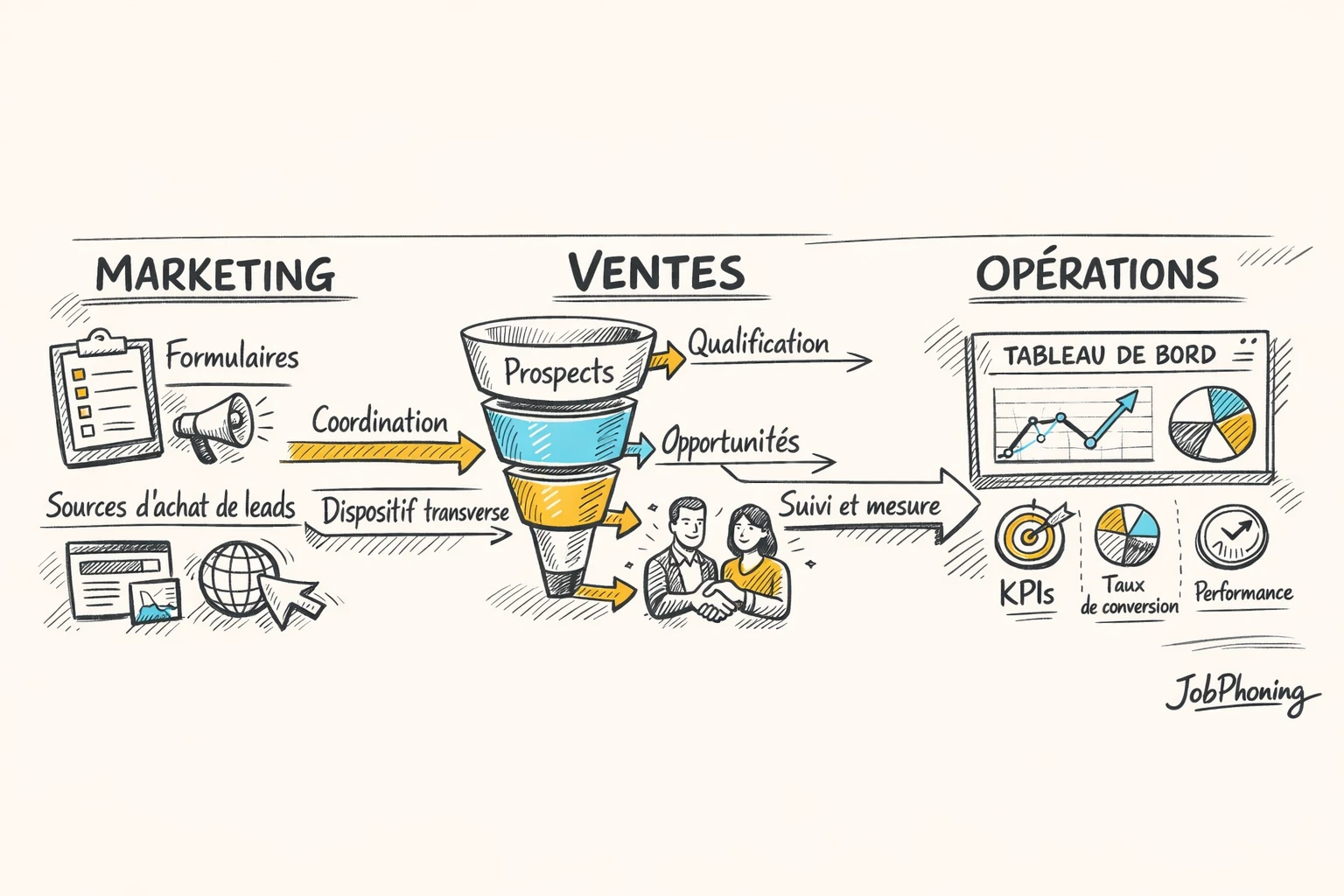 Infographie représentant l’alignement des équipes sur les leads via pipeline central et trois blocs reliés