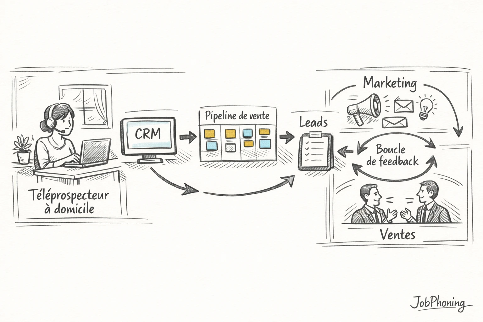 Infographie représentant l’intégration d’un téléprospecteur à domicile via hub central, maison, pipeline, calendrier et tableau