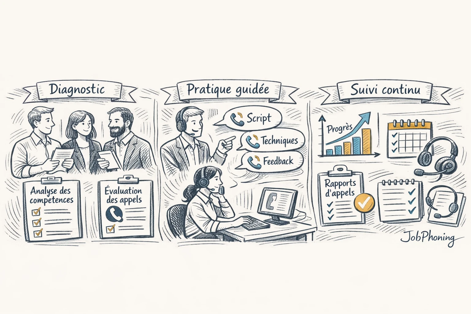 Schéma représentant une formation cold calling structurée via plusieurs blocs reliés symbolisant les différentes étapes