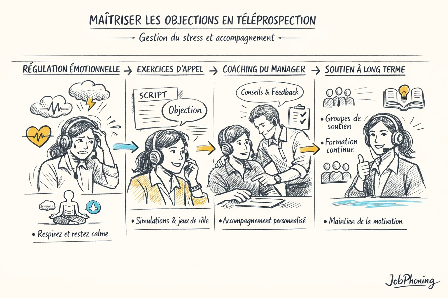 Schéma représentant un parcours de formation téléprospection via blocs reliés, flèches et symboles abstraits de
