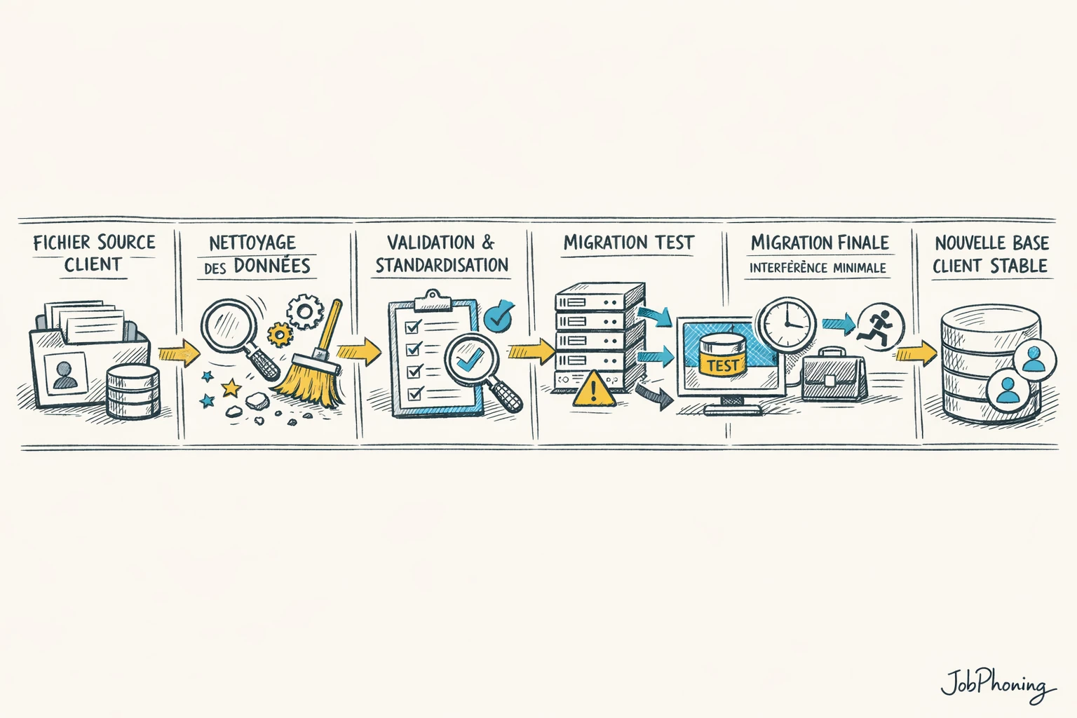 Schéma représentant une migration de données clients via blocs séquentiels reliés illustrant préparation, nettoyage, tests