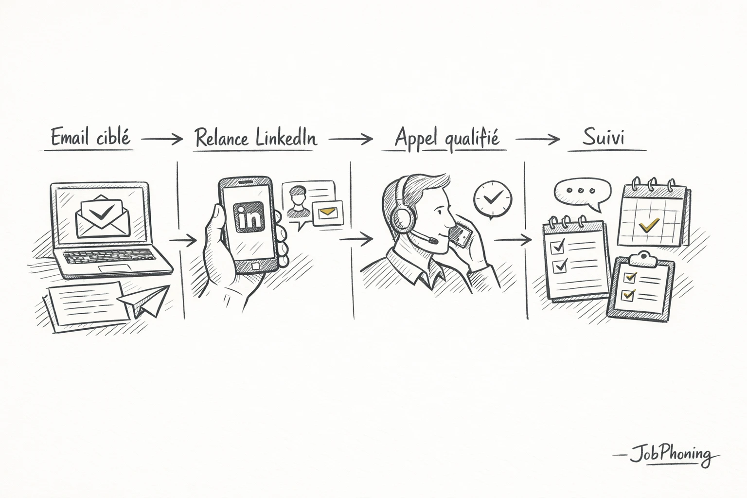 Schéma représentant une séquence multicanale de prospection via blocs reliés, flèches et canaux distincts stylisés.