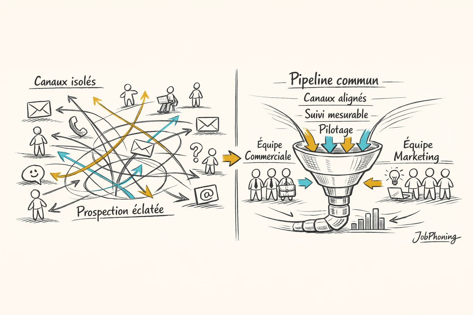 Schéma représentant l’orchestration multicanale d’une agence via pipeline central et blocs marketing-vente alignés.